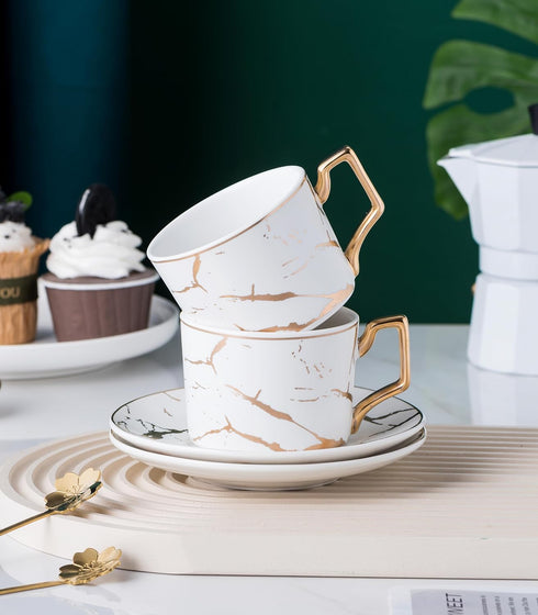 4- 7OZ -TCS26 4) Jusalpha Serve of Hand Printed Golden Matte Ceramic Marble Tea Coffee/Tea Cups with Spoons and Cup