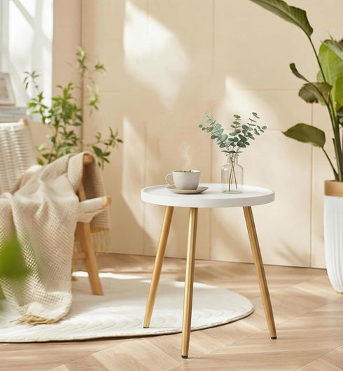 14.96" 14.96" 17.52" danpinera Small Round Side Table, Mini White Table with Wooden Tray & Metal Legged, Gold Side