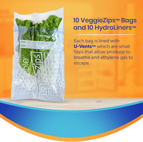 Bluapple VeggieZips Premium Produce Storage System - 20 Piece Set, 10 Food Saver Bags + 10 HydroLiners