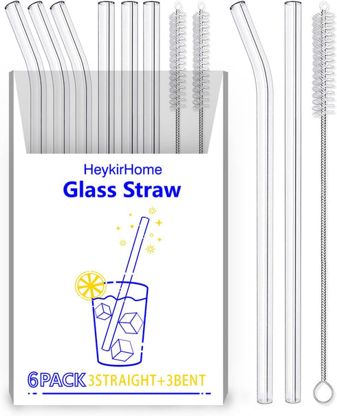 6-Pack Reusable Glass Straw - Transparent, 8''x10 MM, 3 Straight and 3 Bent with 2 Cleaning Brushes for Smoothies
