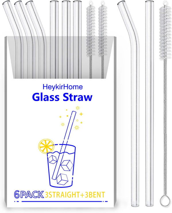 6-Pack Reusable Glass Straw - Transparent, 8''x10 MM, 3 Straight and 3 Bent with 2 Cleaning Brushes for Smoothies