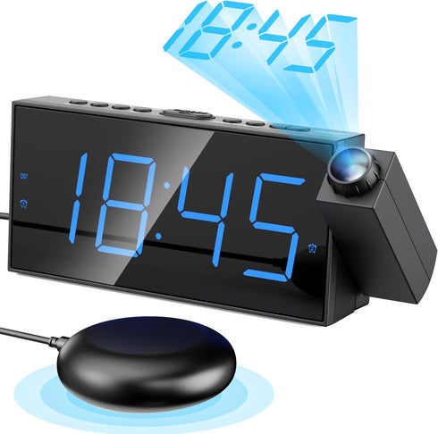 Mesqool Projection Alarm Clock - Loud Vibrating Alarm Clock for Heavy Sleepers with USB Charging Port