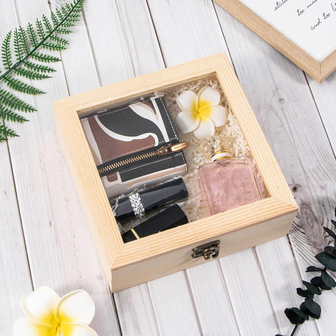 Unfinished Wooden Display Box with Glass Top, Small Hinged Lid Keepsake Storage Box for Jewelry and Home Decorations