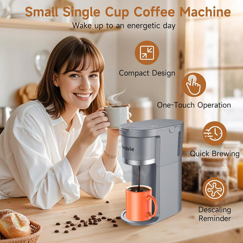 6 12 oz. Horavie Small Single Serve Coffee Maker, Fast Brew One Cup Coffee Machine for K Cup and Grounds, to Brew
