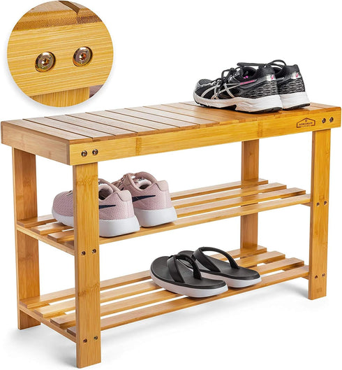 3 Bamboo Tier Shoe Rack Bench, Premium Shoe Organizer or Entryway Bench, Perfect for Shoe Cubby, Entry Bench, Bathroom