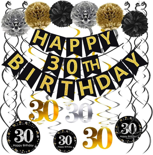 Black & Gold Glittery Happy 30th Birthday Banner, Poms, Sparkling 30 Hanging Swirls Kit