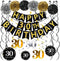 Black & Gold Glittery Happy 30th Birthday Banner, Poms, Sparkling 30 Hanging Swirls Kit