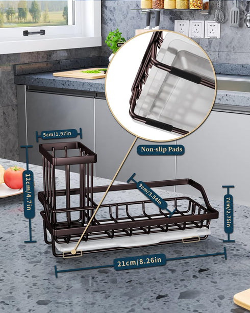 Consumest Kitchen Sink Caddy, Sponge Holder with Removable Drip Tray, 304 Stainless Steel - Bronze, Countertop Dish Soap