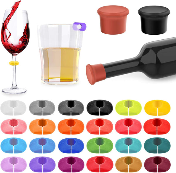 Lasiyanor 26Pcs Wine Glass Charms - Silicone Drink Markers with Bottle Stopper for Parties