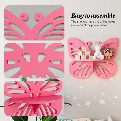 2-Tier Butterfly Wall Shelf - Nursery Decor Pink Floating Corner Shelves, Cute Wall Display Rack Bookshelf for Kids