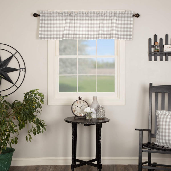 VHC Brands Annie Buffalo Check Farmhouse Kitchen Window Curtains, Lined Valance, 16x60, White & Grey