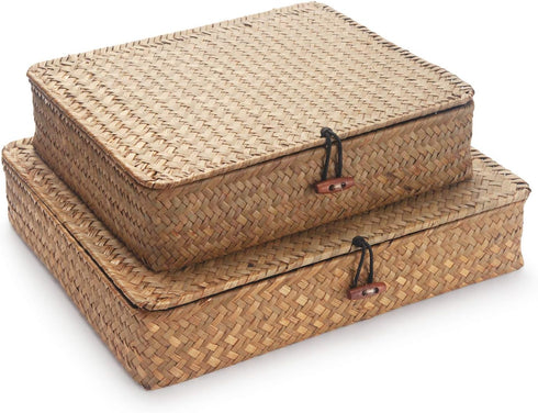 DOKOT Flat Seagrass Storage Bins with Lid, Wicker Basket for Shelf Organize,