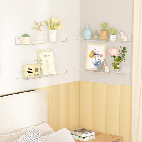 Upsimples 10 Pack Acrylic Shelves, 15" Floating Bookshelves for Wall Storage, Clear Display Shelf Organizer