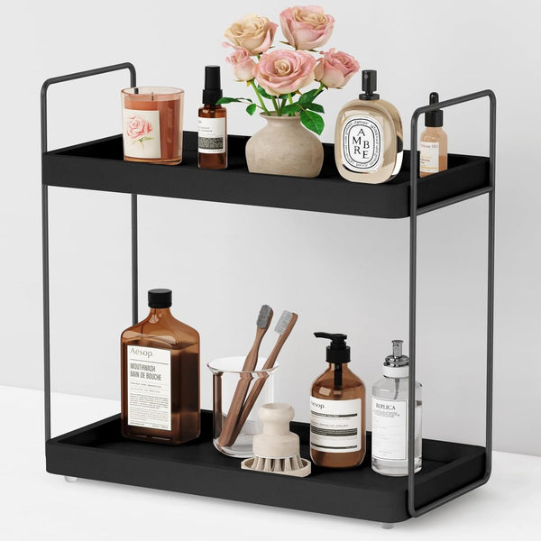 Forbena Black Bathroom Counter Organizer, Tiered Bathroom Organizer Countertop Tray, Corner Makeup