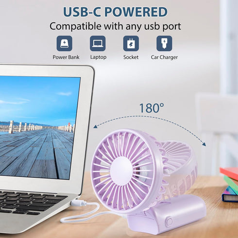 Handheld Mini Fan, 3 in 1 Portable Fan with USB Rechargeable, 3000mAh Battery, 180° Foldable with 5 Speed Wind (Purple)