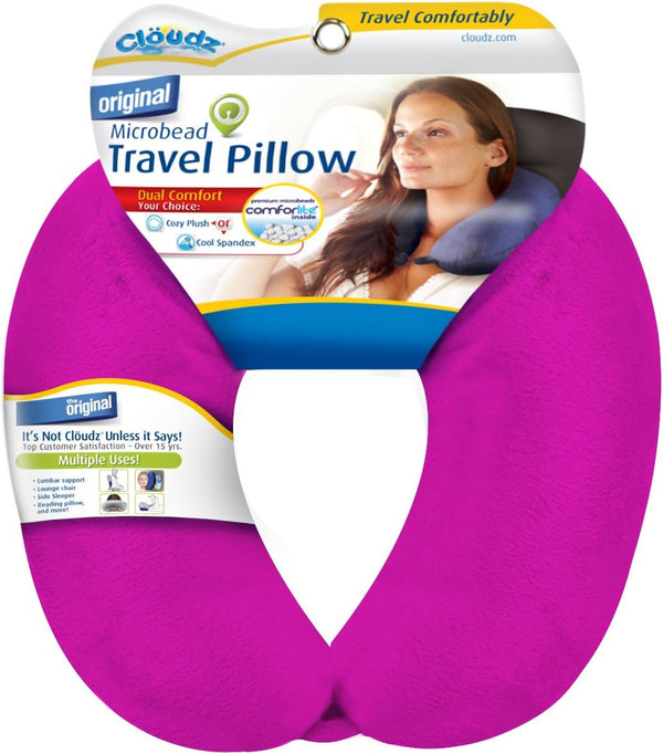 Cloudz Dual Comfort Microbead Airplane Travel Neck Pillow, Bright Pink, Soft Plush & Cool Spandex