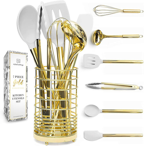 White Silicone and Gold Cooking Utensils Set with Gold Utensil Holder -
