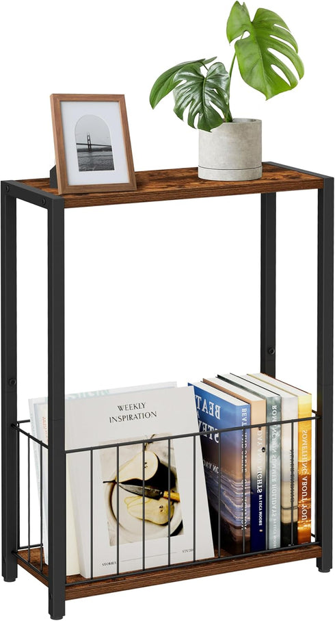 Homleke 7.1" 16.9" 23.6" Narrow Side Table with Magazine Holder, Skinny End Table Perfect for Small Spaces