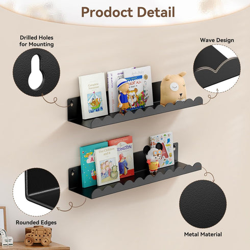 17 Inch 4 Pack, Nursery Book Shelves, Metal Floating Shelves for Wall Scalloped Shelves, Wall Mounted Book Shelf