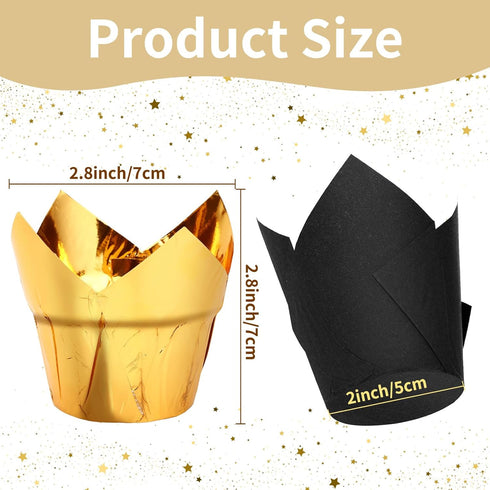 Augshy 120 Pcs Graduation Cupcake Liners, Black and Gold Tulip Aluminum Foil Baking Cups for Grad Wedding Birthday