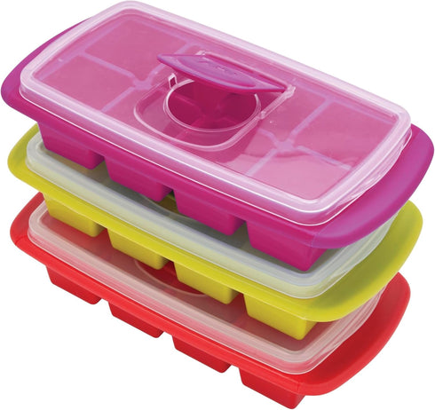 Joie Extra Large Ice Cube Tray, Covered and Stackable with No-Spill Removable Lid, Pop Open Door for Easy Refills