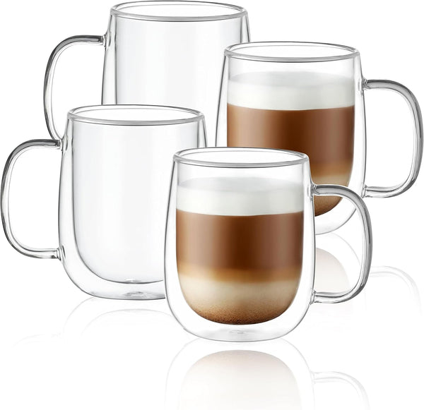 CNGLASS Glass Coffee Mugs 12oz,Double Wall Insulated Mug Set with Handle,Clear Glass