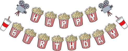 Movie Night Theme Happy Birthday Banner, Popcorn Inspired Birthday Party Sign, Movie Bday Pennant Decor