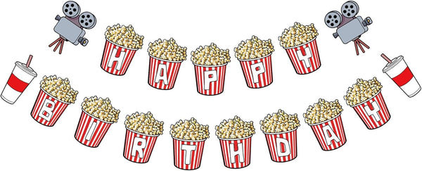 Movie Night Theme Happy Birthday Banner, Popcorn Inspired Birthday Party Sign, Movie Bday Pennant Decor