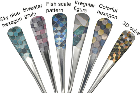 6pcs Round Head Soup Spoons, 6.22inch Fashion Printing Pattern Tablespoon, 18/10 Stainless Steel Korean Spoons