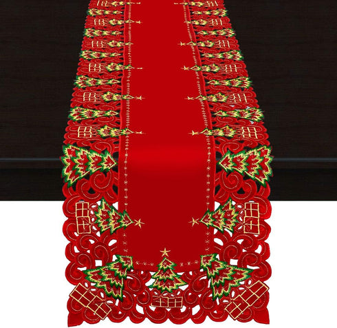Grelucgo Embroidered Christmas Holiday Holly Tree Table Runner, Rectangular 16 x 54 Inch