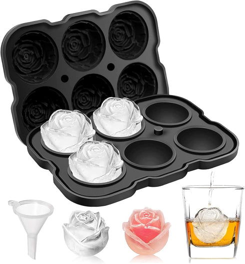 Mikiwon Ice Cube Tray, 2 inch Rose Ice Cube Trays with Covers, 6 Cavity Silicone Rose Ice Ball Maker for Cocktails