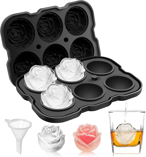 Mikiwon Ice Cube Tray, 2 inch Rose Ice Cube Trays with Covers, 6 Cavity Silicone Rose Ice Ball Maker for Cocktails