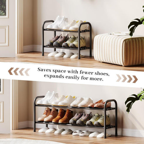 AUGOHCMIL 2-Tier Closet, Expandable Shoe Rack, Metal Shoe Storage Shelf, Adjustable Shoes Organizer for Entryway