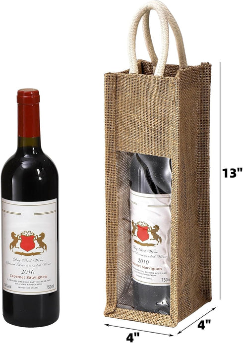 Peohud 3 Pack Burlap Wine Bottle Bags, Jute Wine Gift Bag with Window and Handle, Reusable Wine Carrier Tote Bags for Wedding Birthday Party Christmas Holiday
