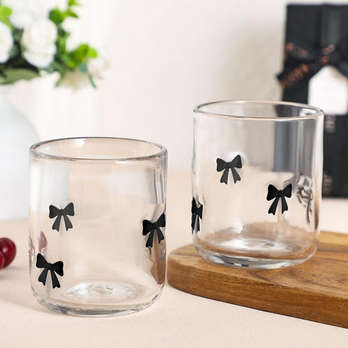 2 Pack 14 oz Stemless Skylety Bow Icon Juice Glasses, Glass Cups, Coquette Black Bow Juice Cocktail Wine Coffee