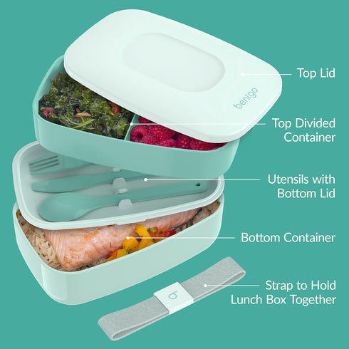 Bentgo Classic Adult Bento Box, Stackable 3-Compartment Lunch Box with Removable Utensil Set, BPA-Free (Coastal Aqua)