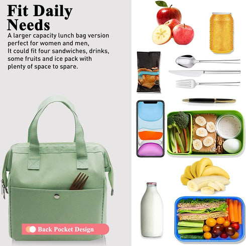 Mziart Insulated Lunch Bag, Simple Bento Cooler Tote for Lunch Box, Light Green for Work, Picnic, Hiking