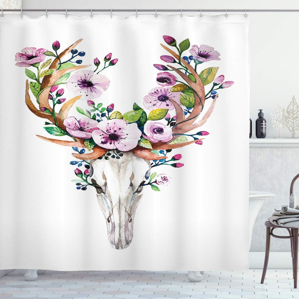 Ambesonne Skull Shower Curtain, Deer Animal Skull with Floral Horns, 69" W x 70" L, Brown Purple, Cloth Fabric Bathroom