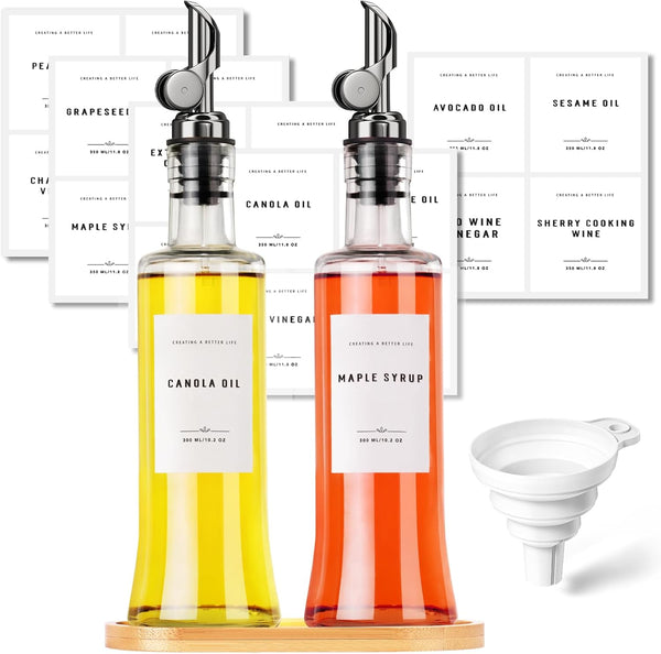 GIXSEGIE Olive Oil Dispenser Bottle with Bamboo Tray, Oil and Vinegar Set with Metal Pour Spout for Kitchen