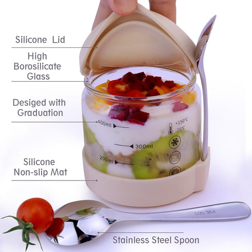 Matifaner 16 oz Round Breakfast Glass Cup with Silicone Seal Cover and Spoon, Glass Dessert Cup with Lid for Breakfast