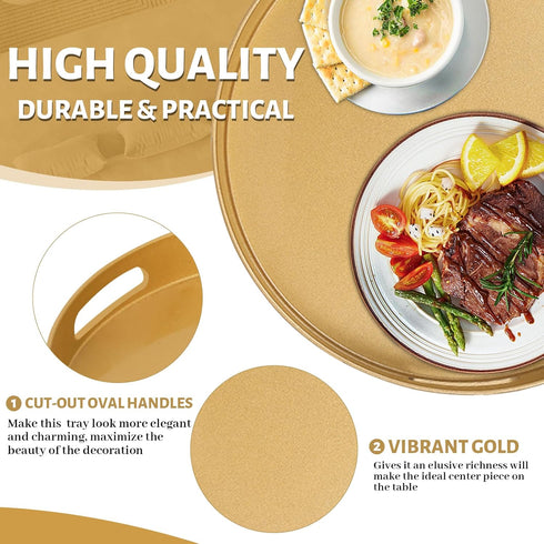 13" MAONAME Gold Round Decorative Tray for Coffee Table, Modern Serving Tray with Handles, Plastic Ottoman Trays