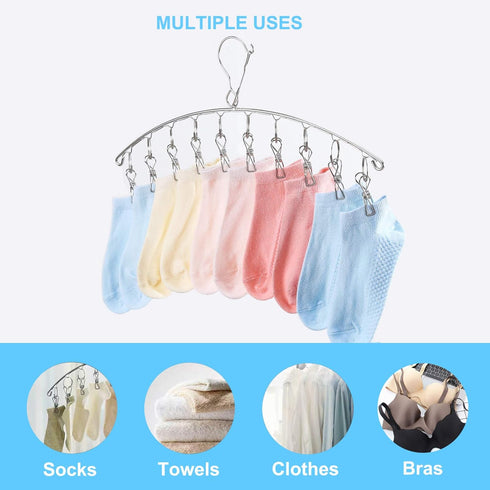 Clothes Hanger with 10 Clips, Stainless Steel Laundry Drying Rack 6 Pack, Windproof Clip and Drip Hanger for Socks,