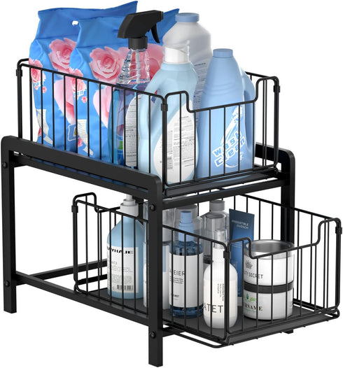 NPPLUS 2-Tier Under Sink Organizer - Iron Cabinet Organizers with Sliding Drawer for Bathroom Kitchen Desktop (Black)