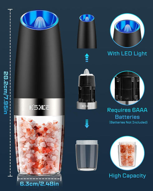 XinXu Gravity Automatic Electric Pepper and Salt Grinder, Auto Mill Shaker, Stainless Steel, Black with Blue LED Light