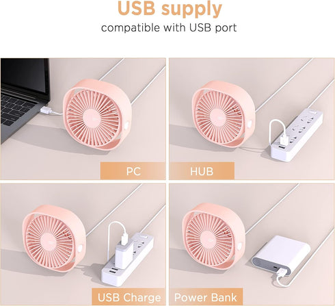 EasyAcc USB Desk Fan (Pink), 3 Speeds Mini USB Fan, 360° Rotatable Personal Desktop Table Fan for Home, Office