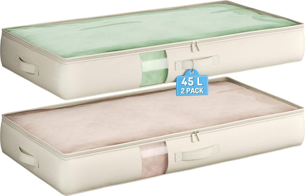 Under Bed Storage Containers with Window, Foldable Bags for Blankets, Clothing, Comforter, Linen Sheets, 2 Pack, White