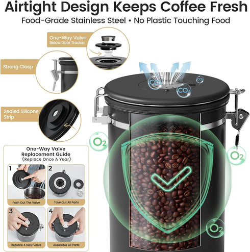 2.2lbs 39oz,Black Veken Large Coffee Canister with Window, Kitchen Food Storage Airtight Stainless Steel Container