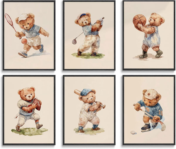 6Pcs Teddy Bear Sports Wall Art Vintage Cute Animal Wall Decor Pictures