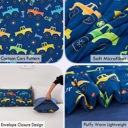 Set 3 Set Sets ZRNBAST Cartoon Car Kids Comforter Full Pieces Construction Bedding for Boys Deep Blue Trucks Bedding
