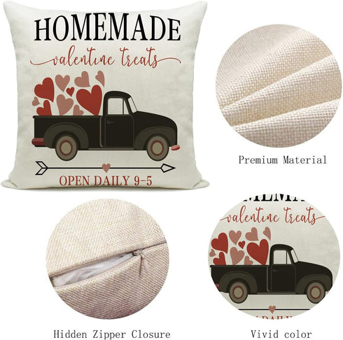 Hlonon Valentines Day Pillow Covers - Set of 4 18 x 18 Inches Red Heart Truck and Love Arrow Decor
